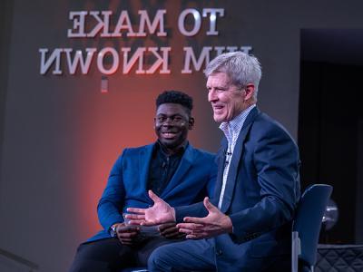 New CIU President Dr. Bill Jones responds to the audience as Student Body President Miles Raven looks on. (Photo by Noah Allard) 